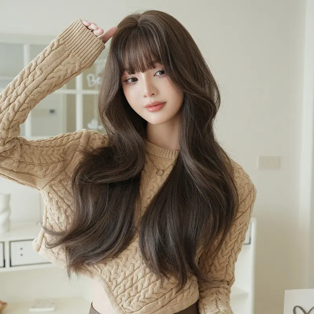 Sunday Wig on model – Brown Wavy Synthetic Hair

FLAWNT-IT Wig with Orange Turban – Styled Shot

Long synthetic wig for women – Indian skin tone